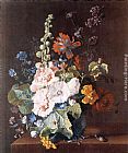 Jan Van Huysum Hollyhocks and Other Flowers in a Vase painting
